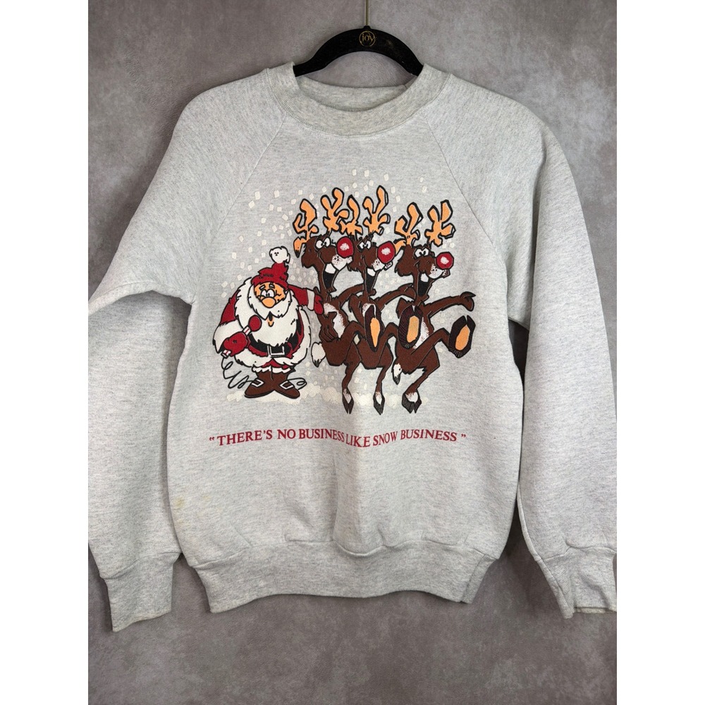 Oneita Sweatshirt Unisex Medium Gray Vintage 90s Santa Snow Business USA Made